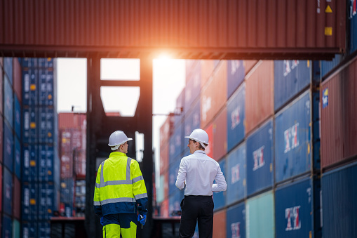 Shipping Container Job Engineer Container Cargo With Worker Working And Checking Stock Into ...