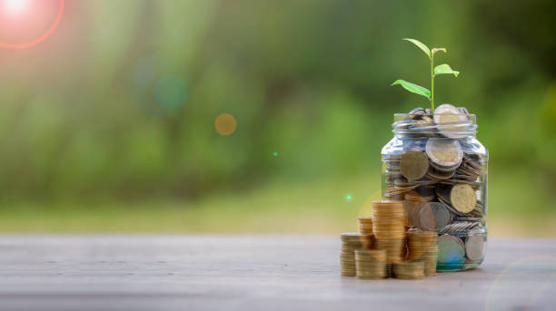 Money coin stack growing graph with glass jar saving concept. business finance and saving money investment, plant growing up on coin. Balance savings and investment. save retirement for interest idea stock photo