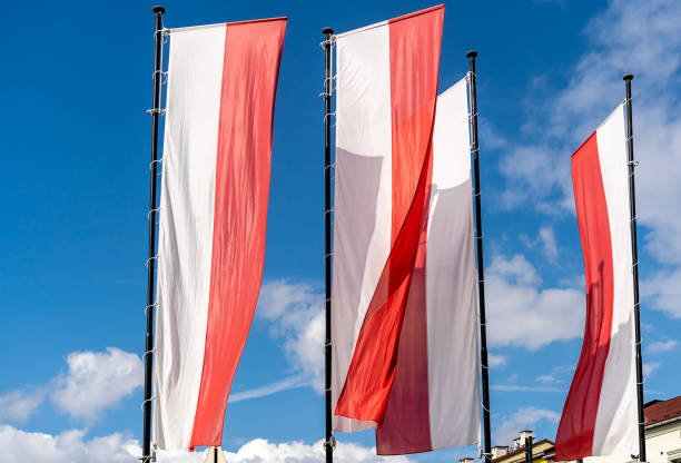 istock Red and white flags of Poland against blue sky 1428553441