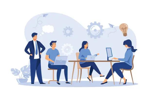 Vector illustration of Company employees planning task and brainstorming flat vector illustration. Cartoon people sharing ideas and meeting. flat design modern illustration