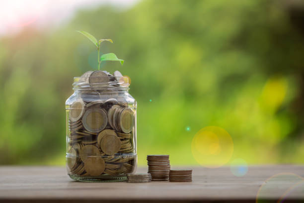 istock Money coin stack growing graph with glass jar saving concept. business finance and saving money investment, plant growing up on coin. Balance savings and investment. save retirement for interest idea 1428553578