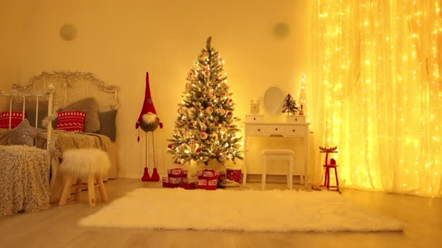 Illuminated Festive Bedroom with Christmas lights only, no people