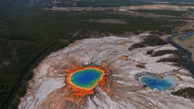 Grand Prismatic Spring view at Yellowstone National Park. Aerial scenic 4k video.
