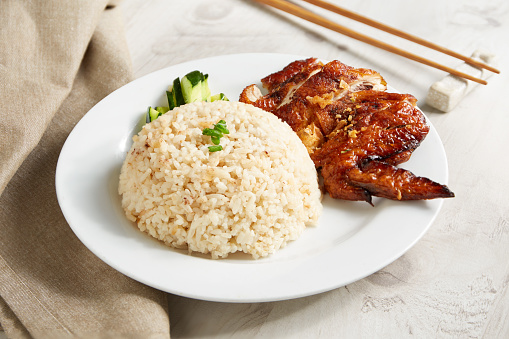 Delicious Malaysia chicken rice. Asian style Hainan chicken rice close-up. Asian food.