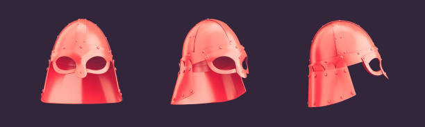 istock Three warrior helmets from 3 view angles, monochrome single color red helm, 3d rendering 1428564203