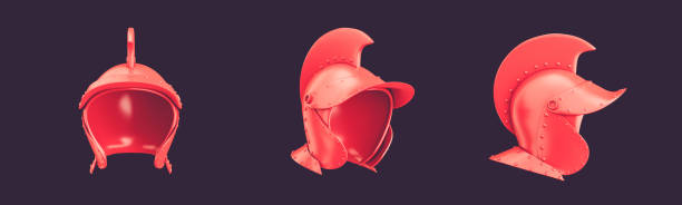 istock Three warrior helmets from 3 view angles, monochrome single color red helm, 3d rendering 1428564258