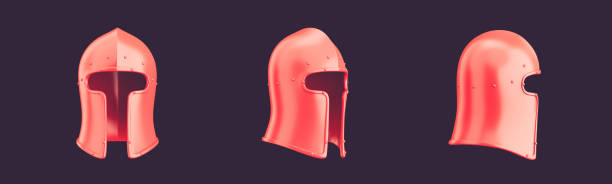 istock Three warrior helmets from 3 view angles, monochrome single color red helm, 3d rendering 1428565388