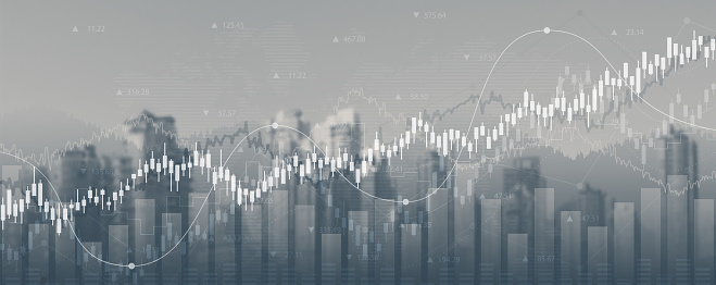 financial chart with uptrend line graph of stock market on cityscape background