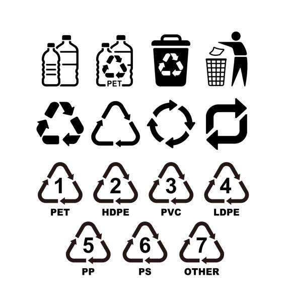 illustrazioni stock, clip art, cartoni animati e icone di tendenza di simboli di riciclaggio per la plastica. set di illustrazioni dell'icona vettoriale - simbolo-del-riciclaggio