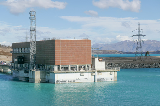 Tekapo B Power Station on the shore of Lake Pukaki in the Southern Alps. This image was taken on an afternoon in early Spring.