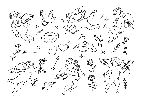 Vector romantic set of design elements for Valentine's Day. Linear illustrations of cupid, flowers, hearts, clouds and steles.