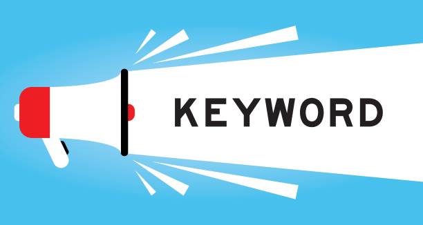 цветная иконка мегфона с ключевым словом в белом баннере на синем фоне - keywords metadata single word optimization stock illustrations