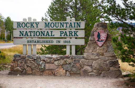 Grand Lake, Colorado, USA. 9-20-2022. Rocky Mountain National Park sign near Grand Lake entrance.