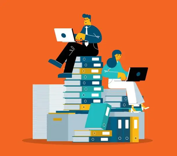 Vector illustration of Business people sitting on piles of documents working