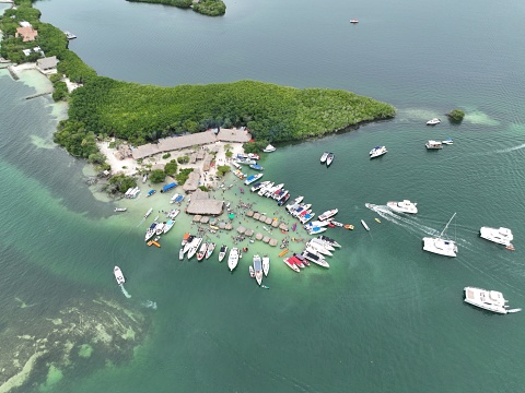 Aerial View of Islas del Rosario and Baru Beach near Cartagena, Colombia.  Paradise beaches with Caribbean blue water.