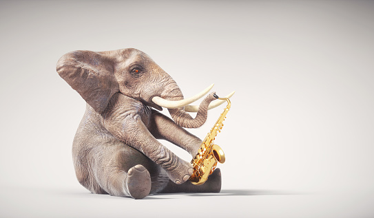 Elephant playing on the saxophone. This is 3d render illustration
