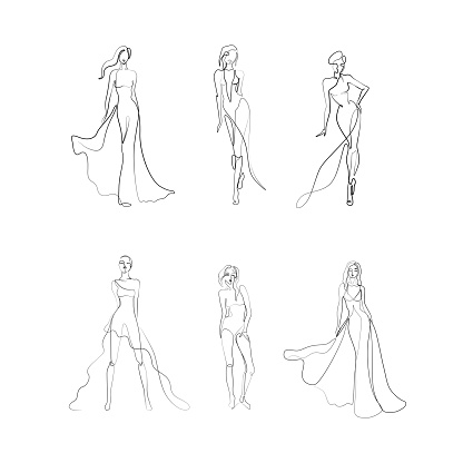 Beautiful fashion woman abstract silhouette, continuous line drawing, girl in long dress, single line on a white background, isolated vector illustration. Tattoo, print and logo design, beauty salon.