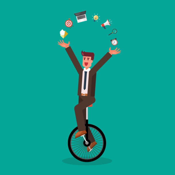외발자전거에 대한 자신의 기술을 보여주는 사업가 - unicycle cycling balance businessman stock illustrations