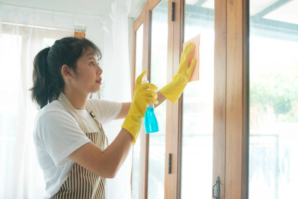 istock Young asian woman cleaning window. 1428599103