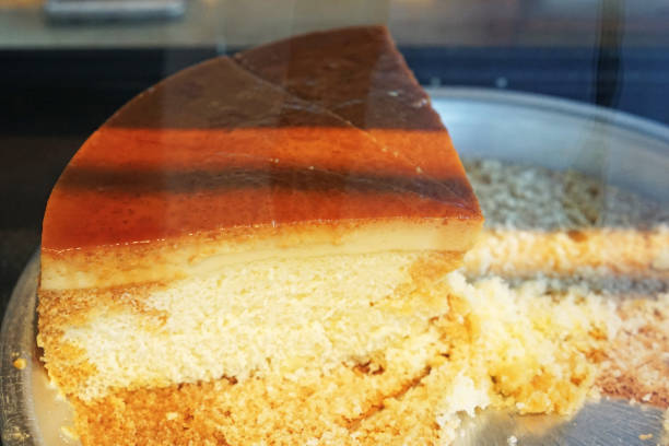 istock Wooden bakery and pastry display counter shelf contains custard pudding cake 1428603173