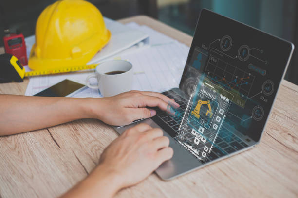 Engineer man using computer, laptop, HUD screen, projection, chart reading, graphs, statistics, data analysis, data gathering, technology, planning, business design concept, desk ingeniero hombre usando computadora, computadora portátil, pantalla hud, proyección, lectura de gráficos, gráficos, estadísticas, análisis de datos, recopilación de datos, tecnología, planificación, concepto de diseño de negocios, escritorio
