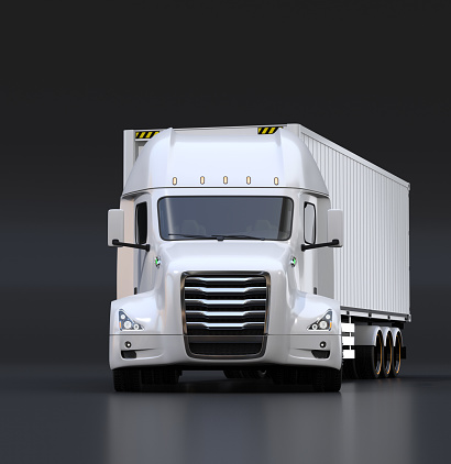 Front view of white fuel cell truck equipped with reefer container on black background. Cold chain concept. 3D rendering image.
