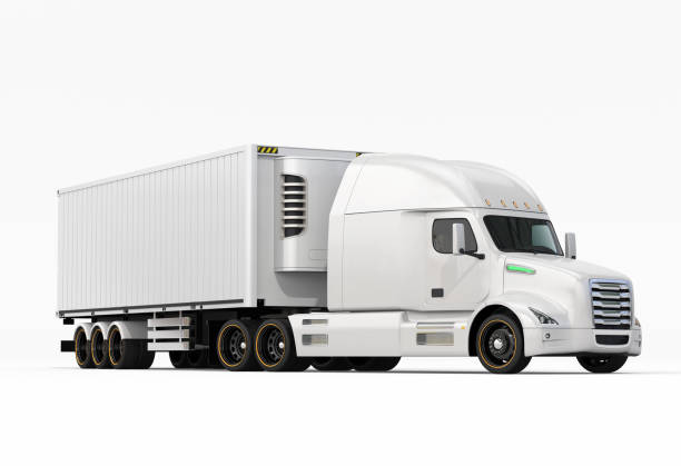 White fuel cell powered heavy truck reefer container stock photo