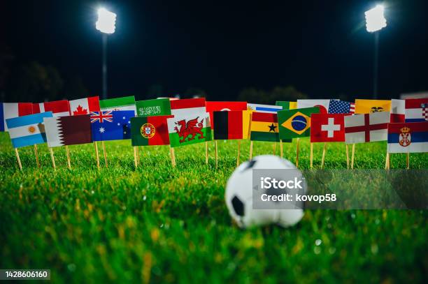 Doha Qatar May 24 2022 All Nations Flag Of Fifa Football World Cup 2022 In Qatar Fans Support Concept Photo Black Edit Space Stock Photo - Download Image Now