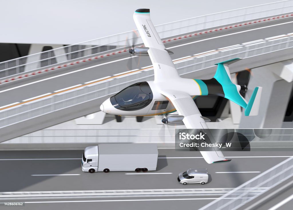 Electric VTOL cargo delivery aircraft, Electric Truck and minivan moving on highway Electric VTOL cargo delivery aircraft, Electric Truck and minivan moving on highway. 3D rendering image. Electricity Stock Photo