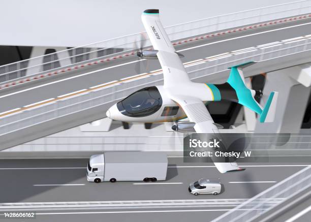 Electric Vtol Cargo Delivery Aircraft Electric Truck And Minivan Moving On Highway Stock Photo - Download Image Now