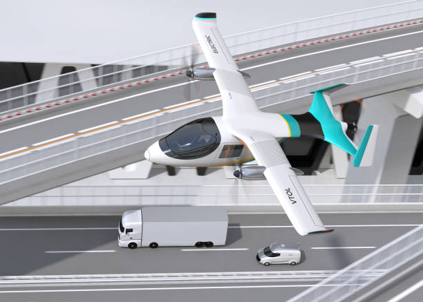 electric vtol cargo delivery aircraft, electric truck and minivan moving on highway - electrical junction box imagens e fotografias de stock