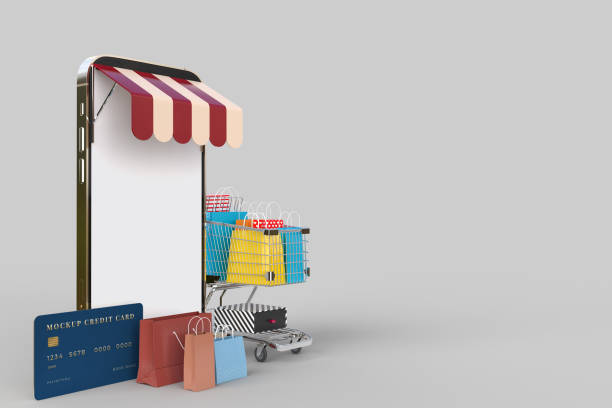 istock Online shop store with smartphone mockups template and shopping elements. Designs concept marketing online with clipping path. 3D rendering 1428606172