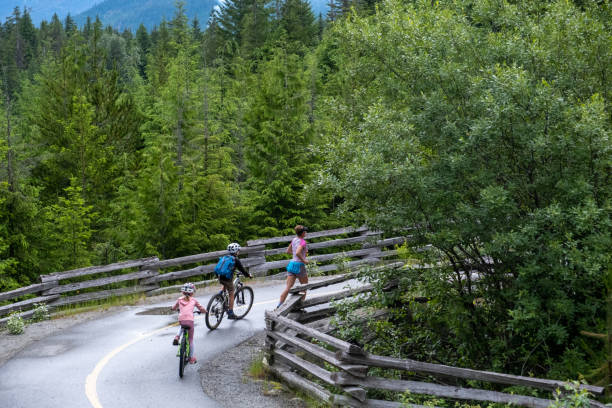 istock Two children cycling with their mother 1428606376