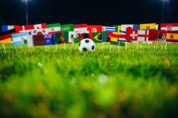 drapeaux nationaux tous les pays participent au championnat de football. balle de football sur gazon vert, veilleuse sur stade moderne. arrière-plan sombre - match international photos et images de collection