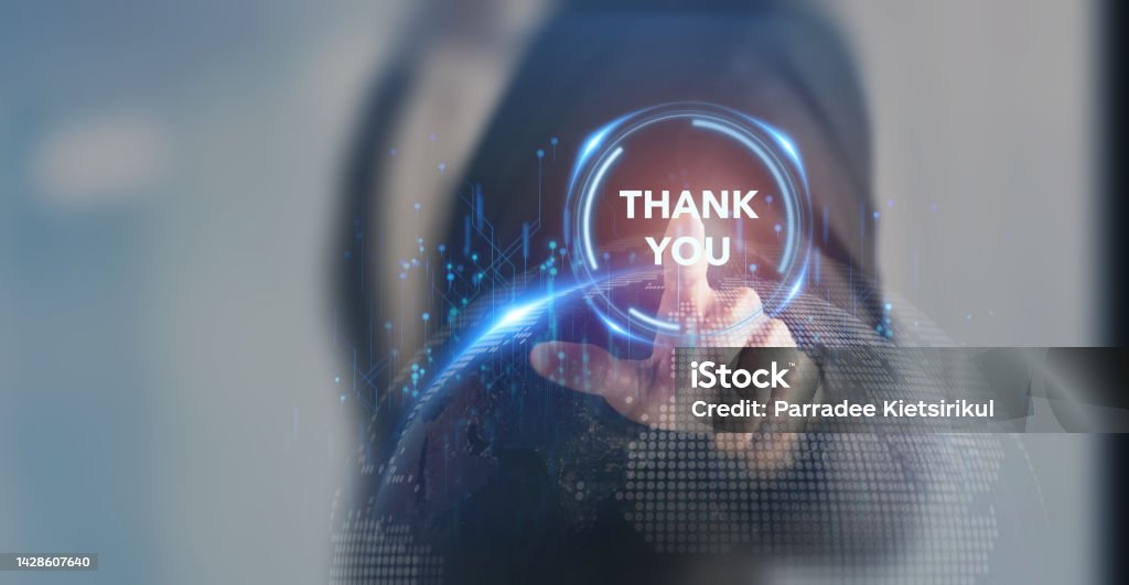 Thank you message for presentation, business, technology, innovation concept.  Businessman touching screen with THANK YOU text on smart background expressing gratitude, acknowledgment and appreciation Thank You - Phrase Stock Photo