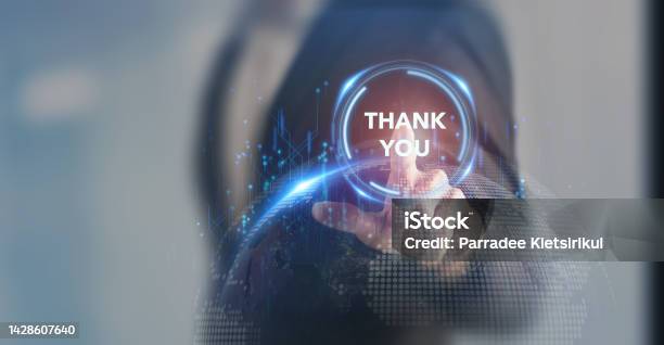 Thank You Message For Presentation Business Technology Innovation Concept Businessman Touching Screen With Thank You Text On Smart Background Expressing Gratitude Acknowledgment And Appreciation Stock Photo - Download Image Now