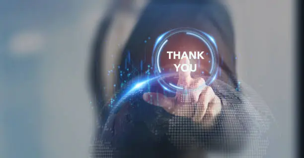 Thank you message for presentation, business, technology, innovation concept.  Businessman touching screen with THANK YOU text on smart background expressing gratitude, acknowledgment and appreciation