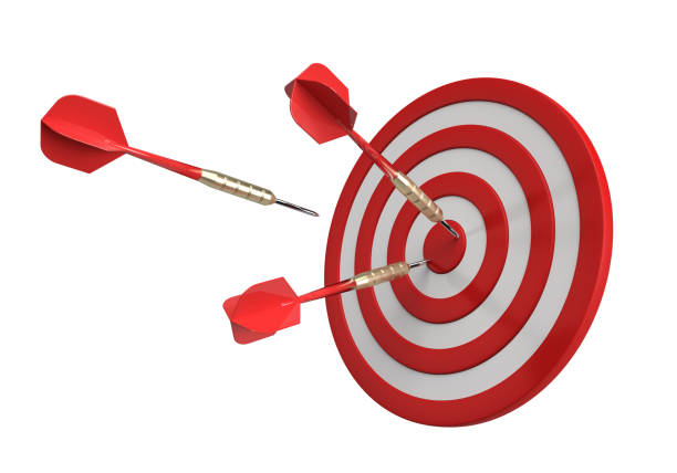istock Three darts hitting a red target on the center on white background. 1428607899