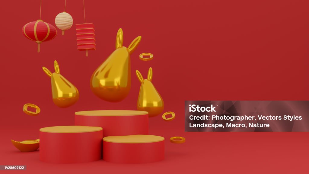 Chinese New Year Rabbit symbol of 2023 year. Chinese New Year Rabbit symbol of 2023 year for premium products display, podium with golden rabbit statue and chinese lantern on red background. 3d rendering 2023 Stock Photo