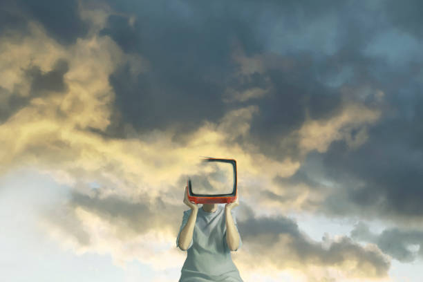 surreal illustration of a woman with her head hidden by a tv projecting a sky vector art illustration