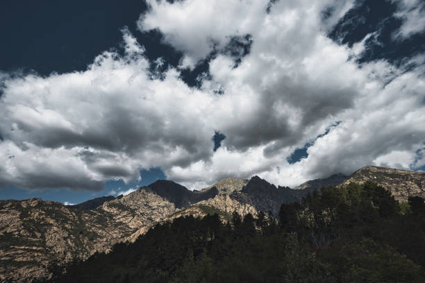 Peri, France - September 20, 2022. View of the mountains of Corsica under a blue sky with some clouds.