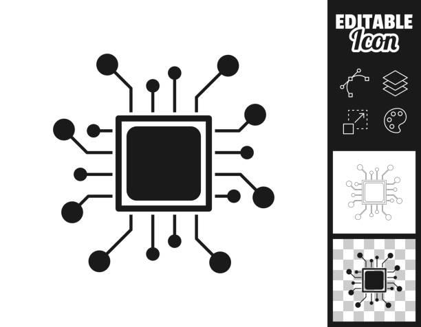 Processor. Icon for design. Easily editable Icon of "Processor" for your own design. Three icons with editable stroke included in the bundle: - One black icon on a white background. - One line icon with only a thin black outline in a line art style (you can adjust the stroke weight as you want). - One icon on a blank transparent background (for change background or texture). The layers are named to facilitate your customization. Vector Illustration (EPS file, well layered and grouped). Easy to edit, manipulate, resize or colorize. Vector and Jpeg file of different sizes. semiconductor stock illustrations