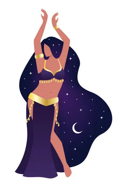 Vector illustration of Belly dance. Girl with long space hair