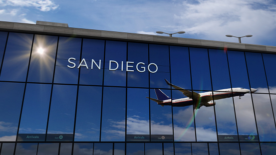 Aircraft landing at San Diego, California, USA 3D rendering illustration. Arrival in the city with the glass airport terminal and reflection of jet plane. Travel, business, tourism and transport.
