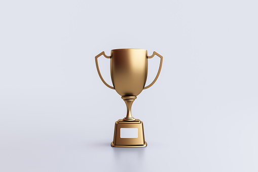 Trophy cup. Champion trophy on white background. Paper minimal concept. 3D render.