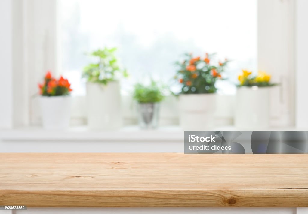 Wood Table Top On Blurred Abstract Background Of Window Sill Stock