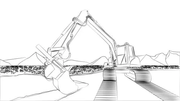 Vector illustration of Excavator outline on field with flowers and mountains behind isolated. Excavator bucket on ground and caterpillar tracks. Design element.