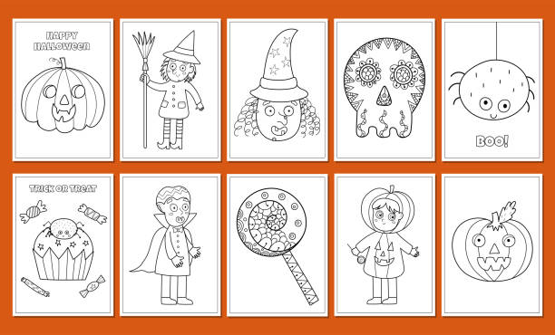 illustrations, cliparts, dessins animés et icônes de joli paquet de coloriages d’halloween. personnages effrayants mignons - halloween witch child pumpkin