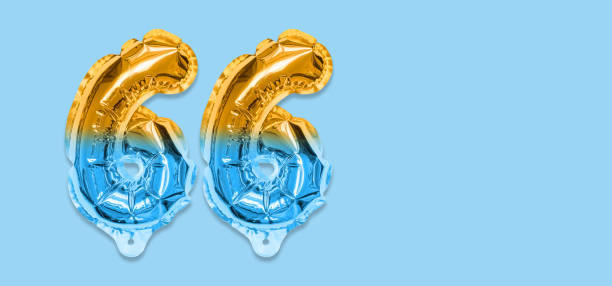 Rainbow foil balloon number, digit sixty six on a blue background. Birthday greeting card with inscription 66. Rainbow foil balloon number, digit sixty six on a blue background. Birthday greeting card with inscription 66. Anniversary concept. Top view. Numerical digit. Celebration event, template. Banner number 66 stock pictures, royalty-free photos & images