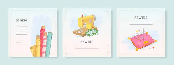 Vector illustration of Square banner templates for social media mobile apps. Sewing equipment and needlework. Vector illustration